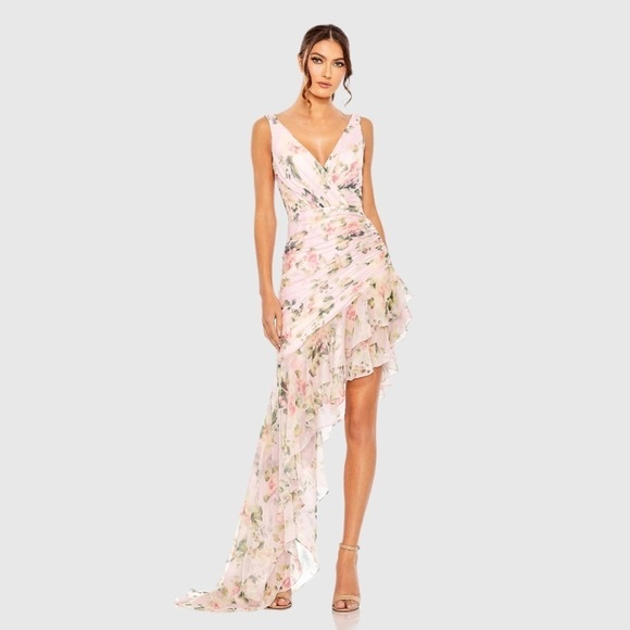Mac Duggal Dresses & Skirts - IEENA FOR MAC DUGGAL
Light Pink Floral Print Asymmetrical Ruffle Hem Dress